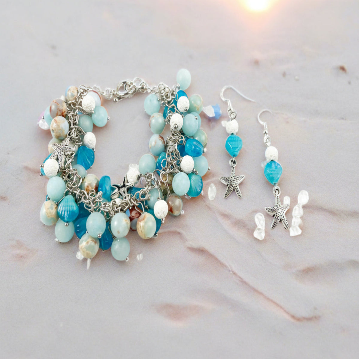 Beach Bracelet: Blue, White Beads, Starfish Charms with earrings