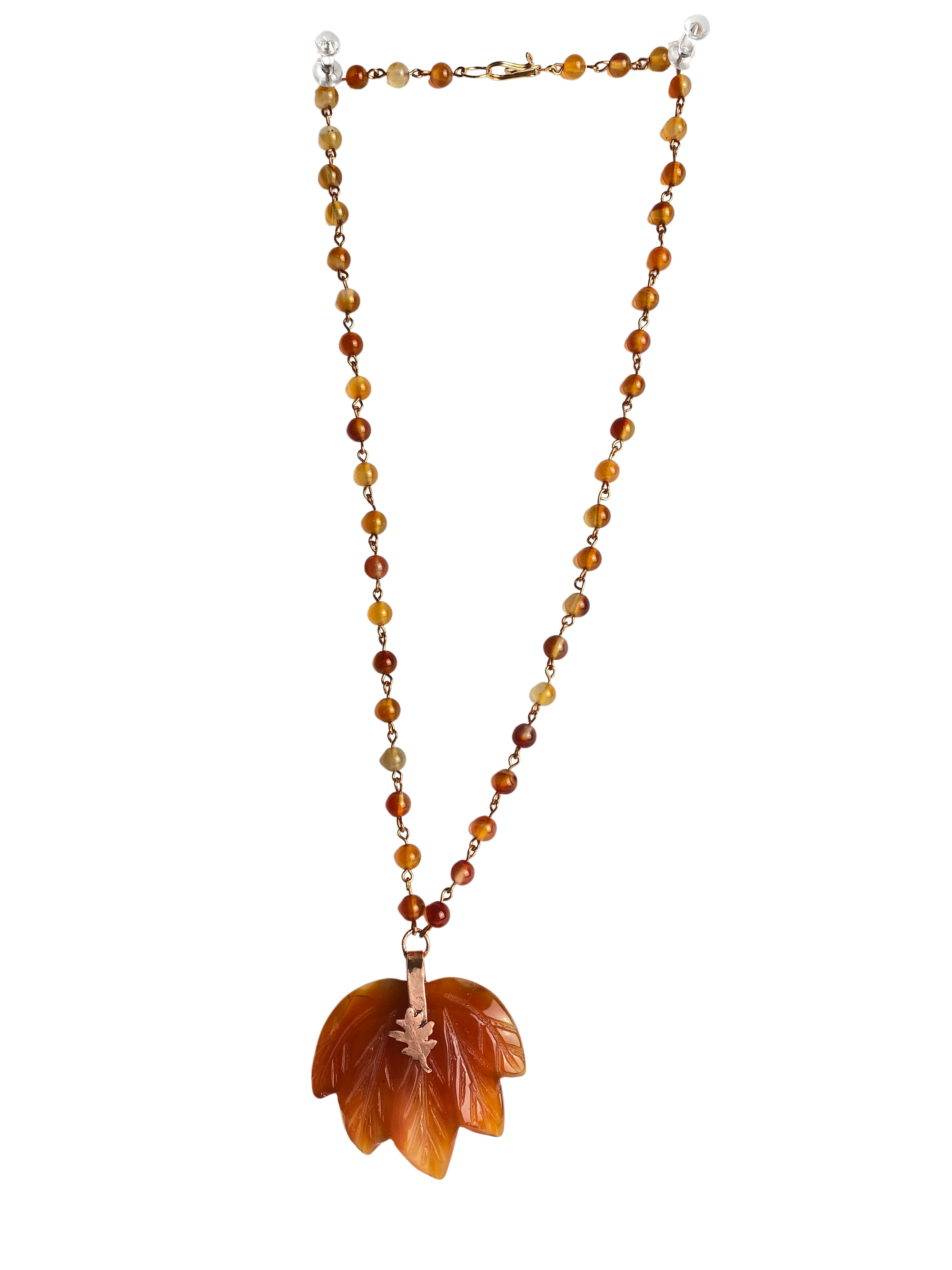 Carnelian leaf beaded necklace strung with copper wire, 20 inches long, with a 2-inch leaf pendant