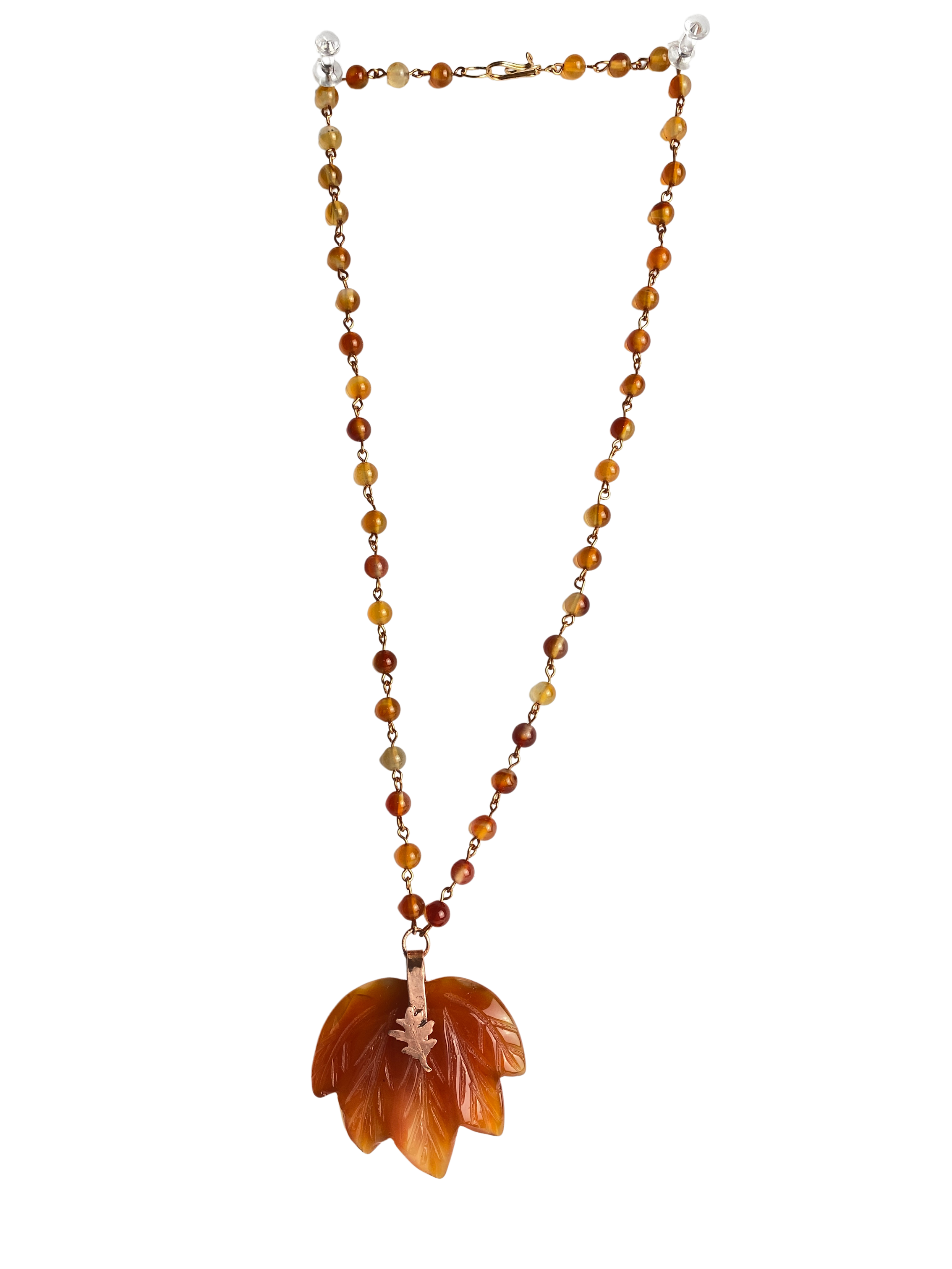 Carnelian leaf beaded necklace strung with copper wire, 20 inches long, with a 2-inch leaf pendant