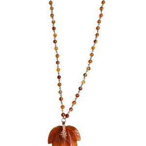 Carnelian leaf beaded necklace strung with copper wire, 20 inches long, with a 2-inch leaf pendant
