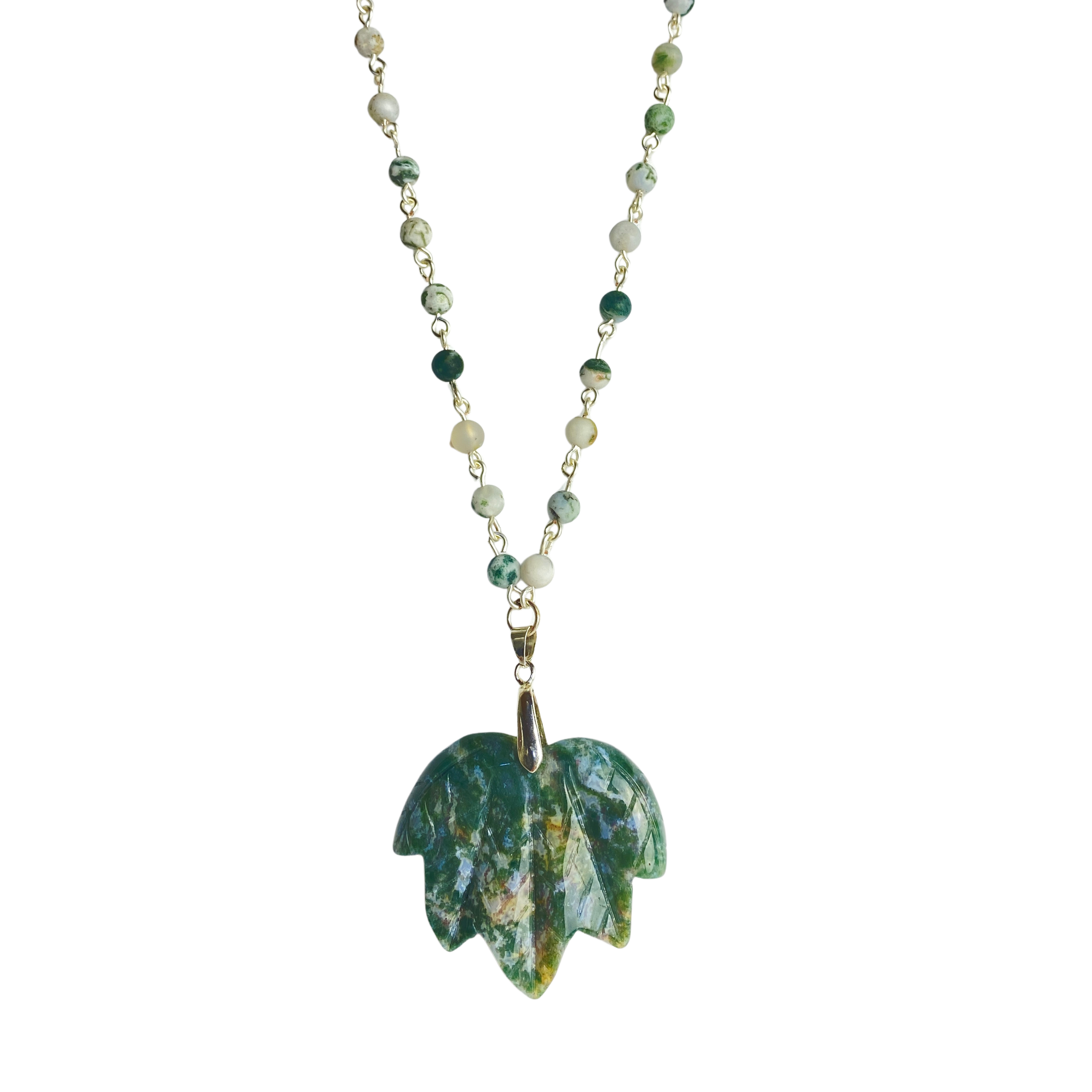 Green jasper maple leaf necklace with tree agate beads and silver-coated wire, 22 inches long with a 2-inch pendant