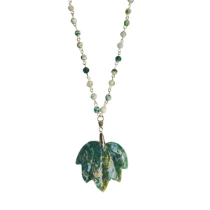 Green jasper maple leaf necklace with tree agate beads and silver-coated wire, 22 inches long with a 2-inch pendant