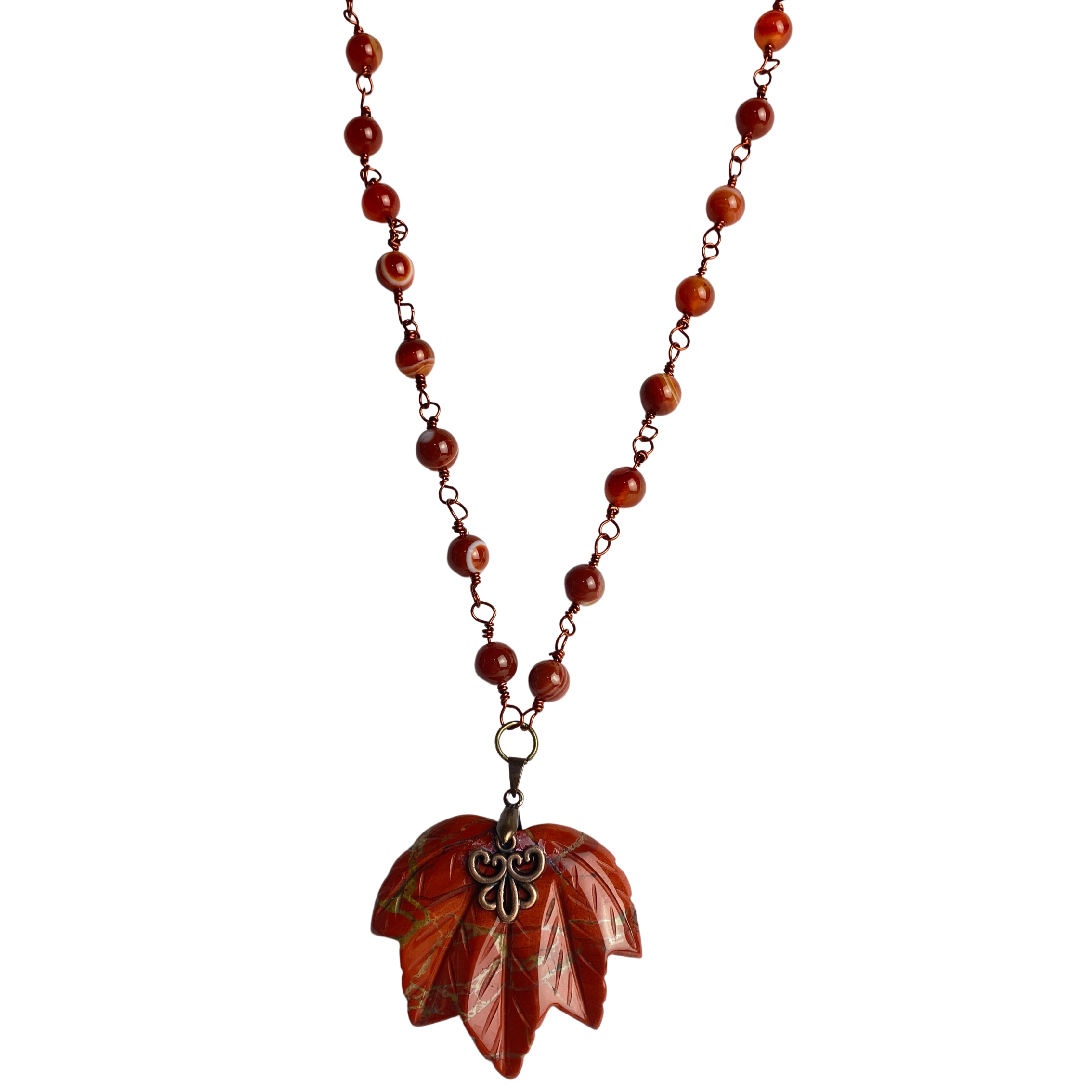 Jasper maple leaf pendant necklace with red agate beads, bronze toggle, and tarnish-free copper wire, 18 inches long