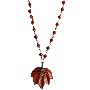 Jasper maple leaf pendant necklace with red agate beads, bronze toggle, and tarnish-free copper wire, 18 inches long