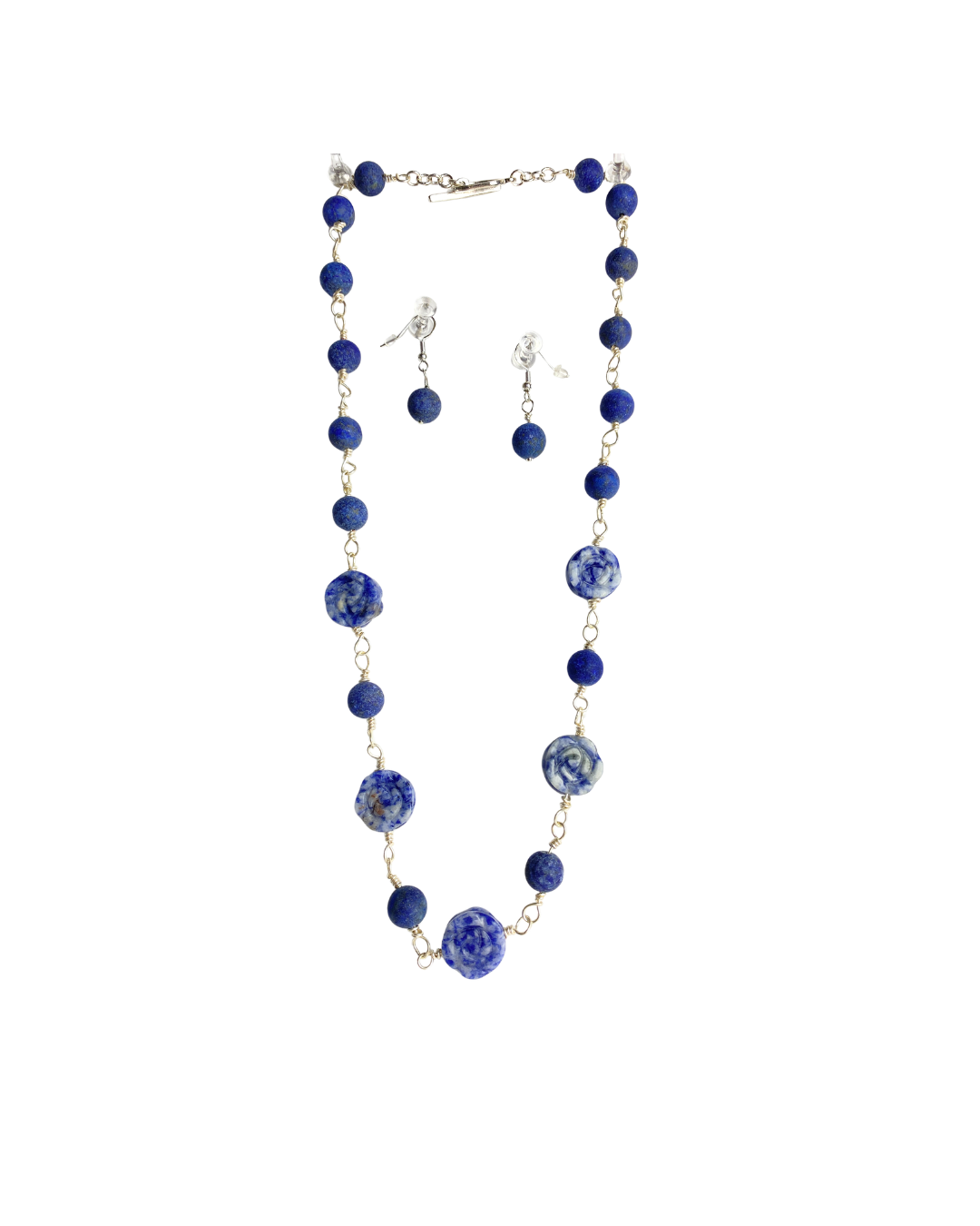 Lapis Lazuli rose necklace and matching earrings with sodalite beads and silver-coated wire, 20-inch necklace and 1-inch earring drop