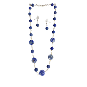 Lapis Lazuli rose necklace and matching earrings with sodalite beads and silver-coated wire, 20-inch necklace and 1-inch earring drop