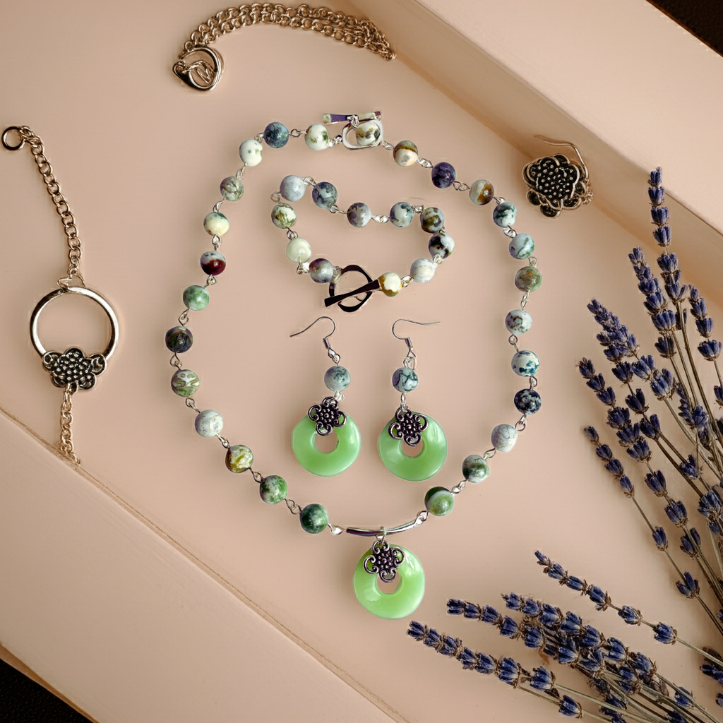 Jade colour Asian-inspired natural tree agate necklace set