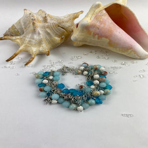 Beach Bracelet: Blue, White Beads, Starfish Charms | Handmade| Llandere Jewelry - Llandere Jewelry