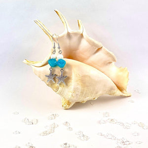 Beach Bracelet: Blue, White Beads, Starfish Charms | Handmade| Llandere Jewelry - Llandere Jewelry