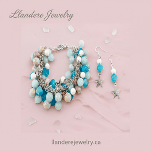 Beach Bracelet: Blue, White Beads, Starfish Charms | Handmade| Llandere Jewelry - Llandere Jewelry