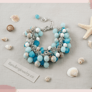 Beach Bracelet: Blue, White Beads, Starfish Charms. Starfish earrings - Llandere Jewelry