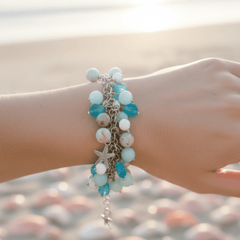 Beach Bracelet: Blue, White Beads, Starfish Charms. Starfish earrings - Llandere Jewelry