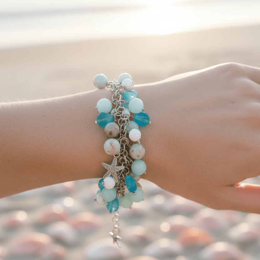 Beach Bracelet: Blue, White Beads, Starfish Charms. Starfish earrings - Llandere Jewelry