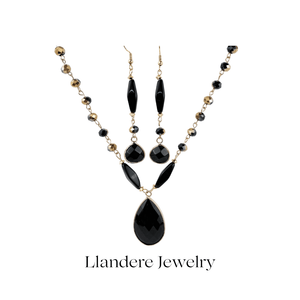 Black onyx Czech bead necklace and earring set 14K |Handmade | Llandere Jewelry - Llandere Jewelry