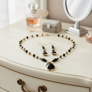 Black onyx Czech bead necklace and earring set 14K |Handmade | Llandere Jewelry - Llandere Jewelry