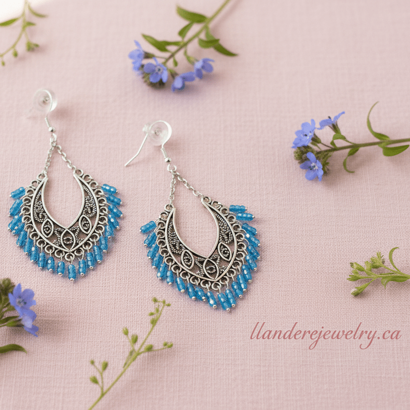 Blue Bead Chandelier Earrings - Llandere Jewelry
