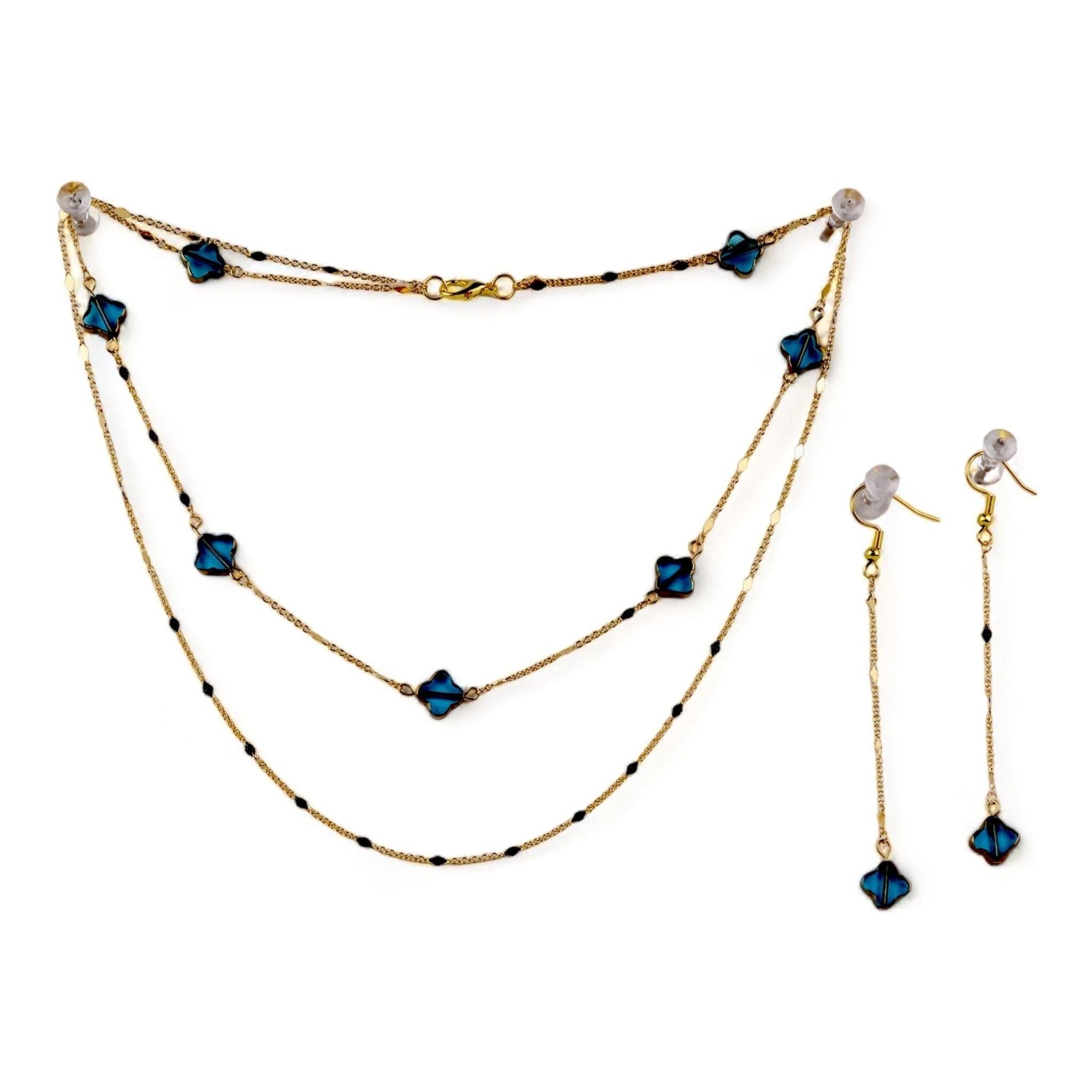 Blue Czech Glass Necklace & Earring Set - 14K Gold Handcrafted - Llandere Jewelry