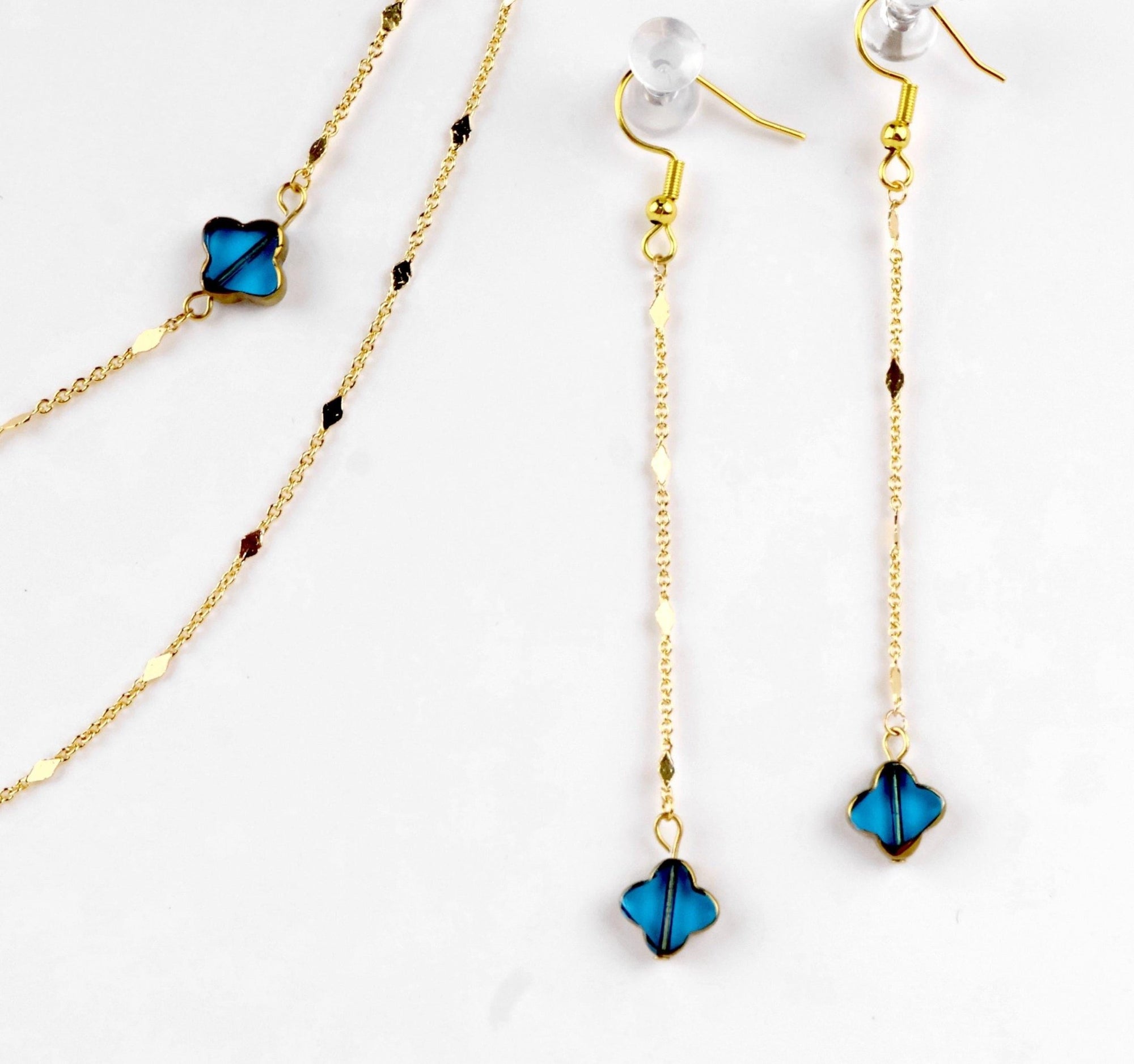 Blue Czech Glass Necklace & Earring Set - 14K Gold Handcrafted - Llandere Jewelry