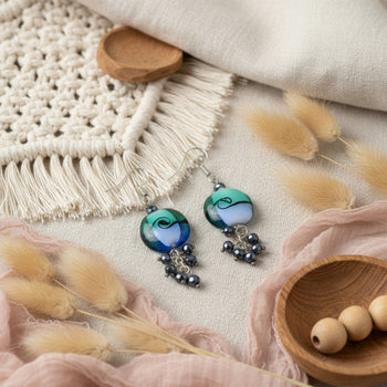 Blue Lampwork Bead Drop Earrings with Tassel: Elegant Handmade Jewelry - Llandere Jewelry