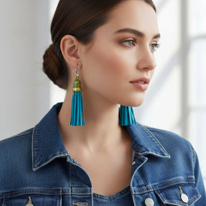 Blue Tassel Earrings: Faux Leather Boho Style Statement Jewelry - Llandere Jewelry