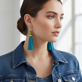 Blue Tassel Earrings: Faux Leather Boho Style Statement Jewelry - Llandere Jewelry