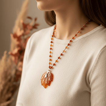 Carnelian Leaf Beaded Necklace | Copper Wire - Llandere Jewelry