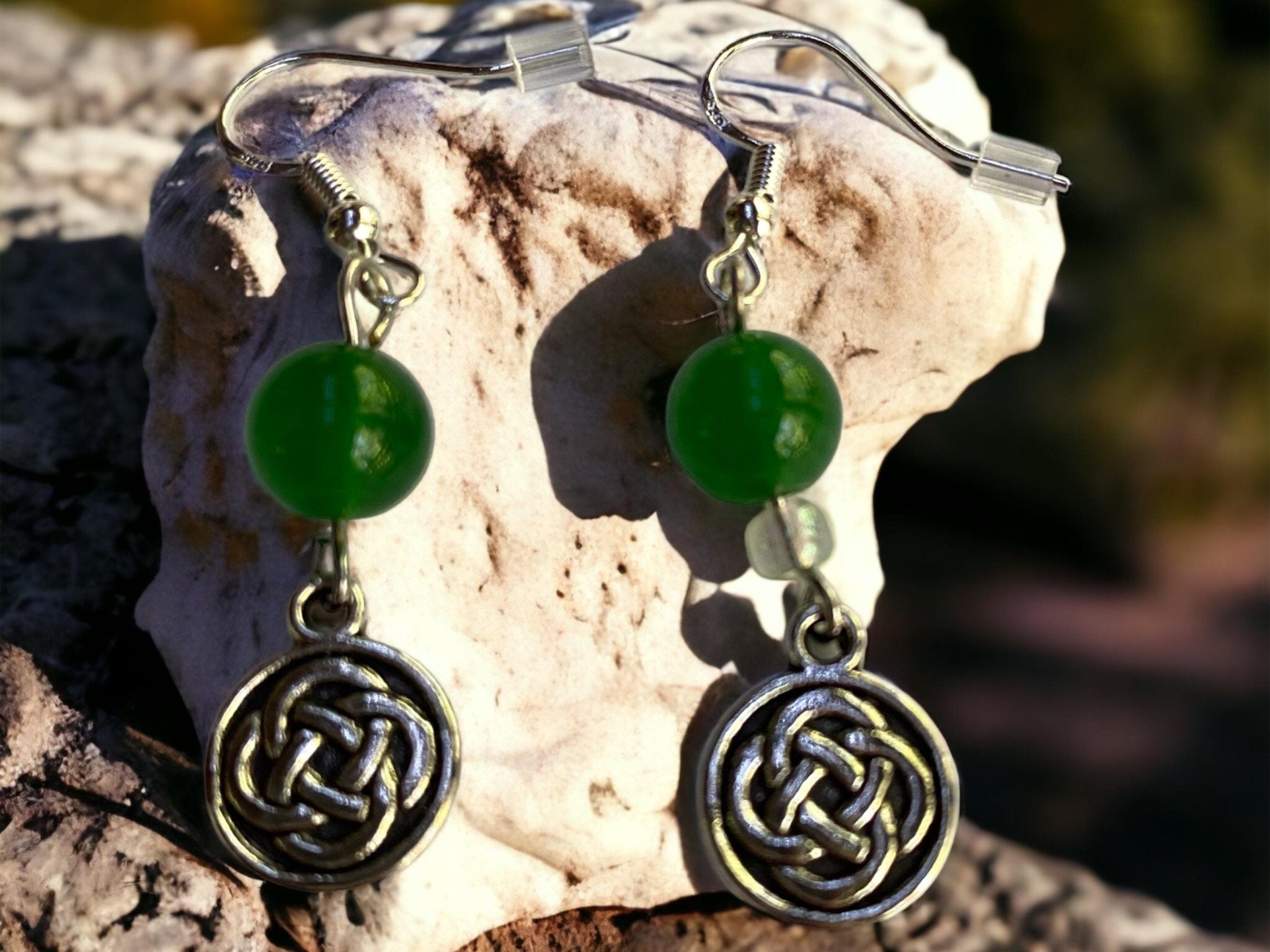 Celtic Knot Green Quartz Drop Earrings - Llandere Jewelry