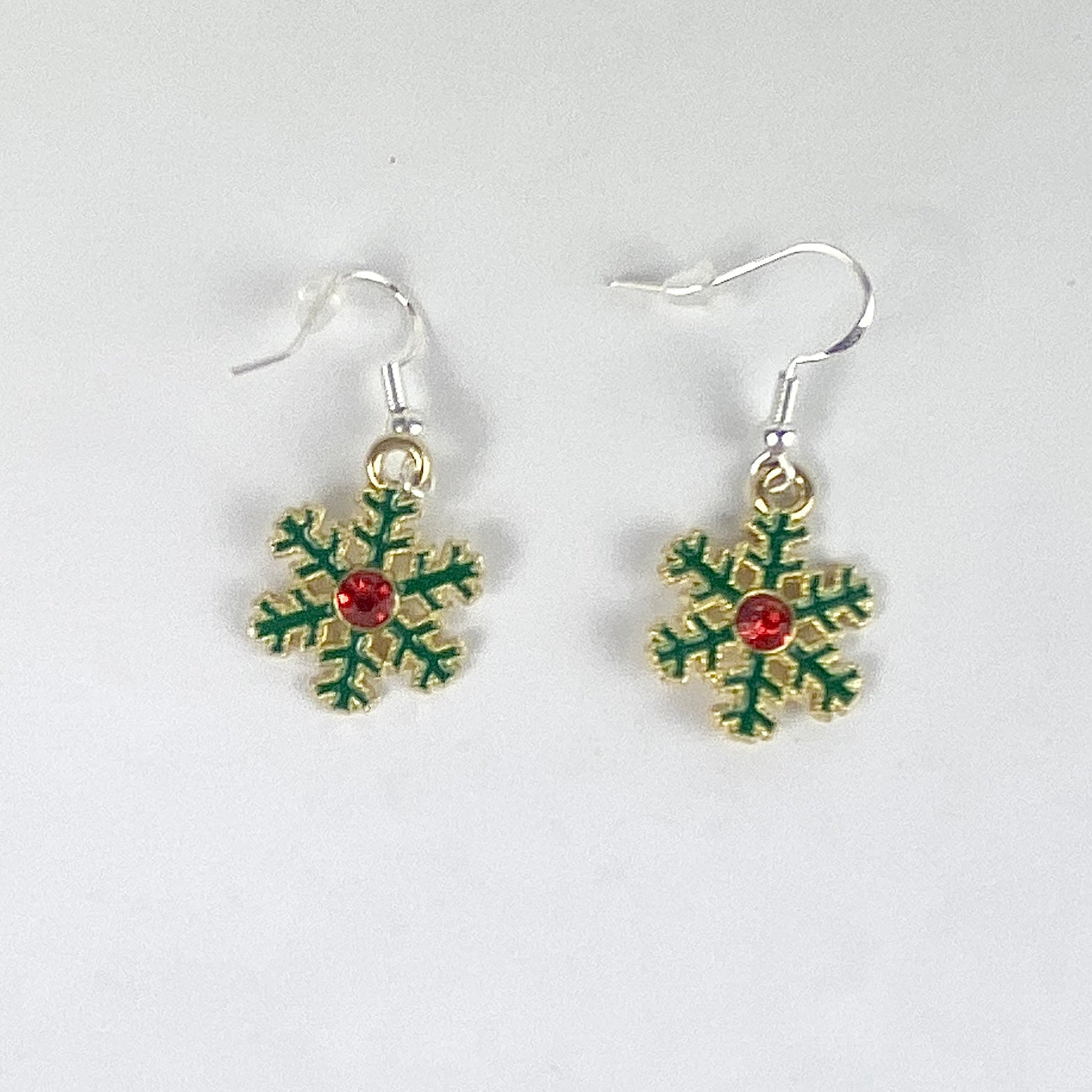 Christmas Snowflake Drop Earrings | Green Enamel & Red Rhinestone - Llandere Jewelry