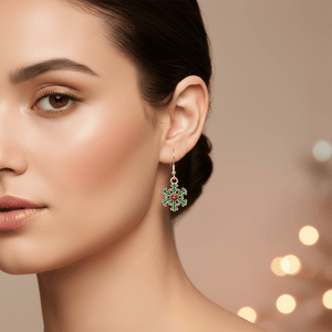 Christmas Snowflake Drop Earrings | Green Enamel & Red Rhinestone - Llandere Jewelry