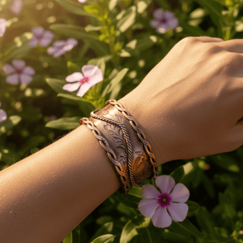 Copper Cuff Bracelet with Braided Trim - Llandere Jewelry