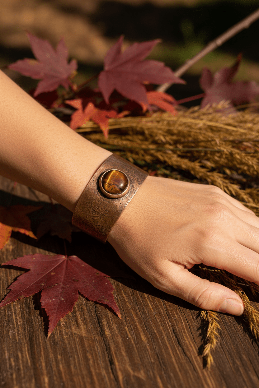 Copper Cuff Bracelet with Tiger Eye Agate - Llandere Jewelry