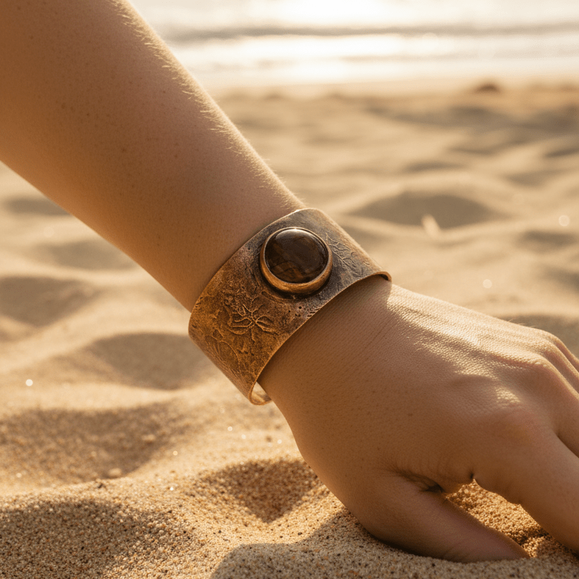 Copper Cuff Bracelet with Tiger Eye Agate - Llandere Jewelry