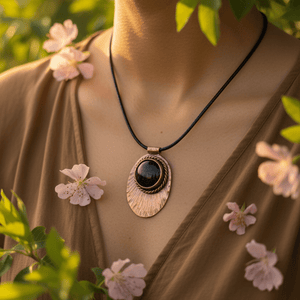 Copper Fan Necklace with Black Sparkle Agate - Llandere Jewelry