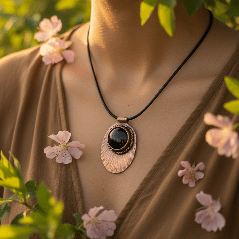 Copper Fan Necklace with Black Sparkle Agate - Llandere Jewelry