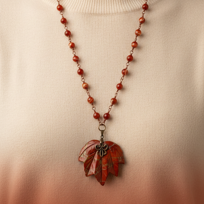 Corrected jasper maple leaf necklace model image
