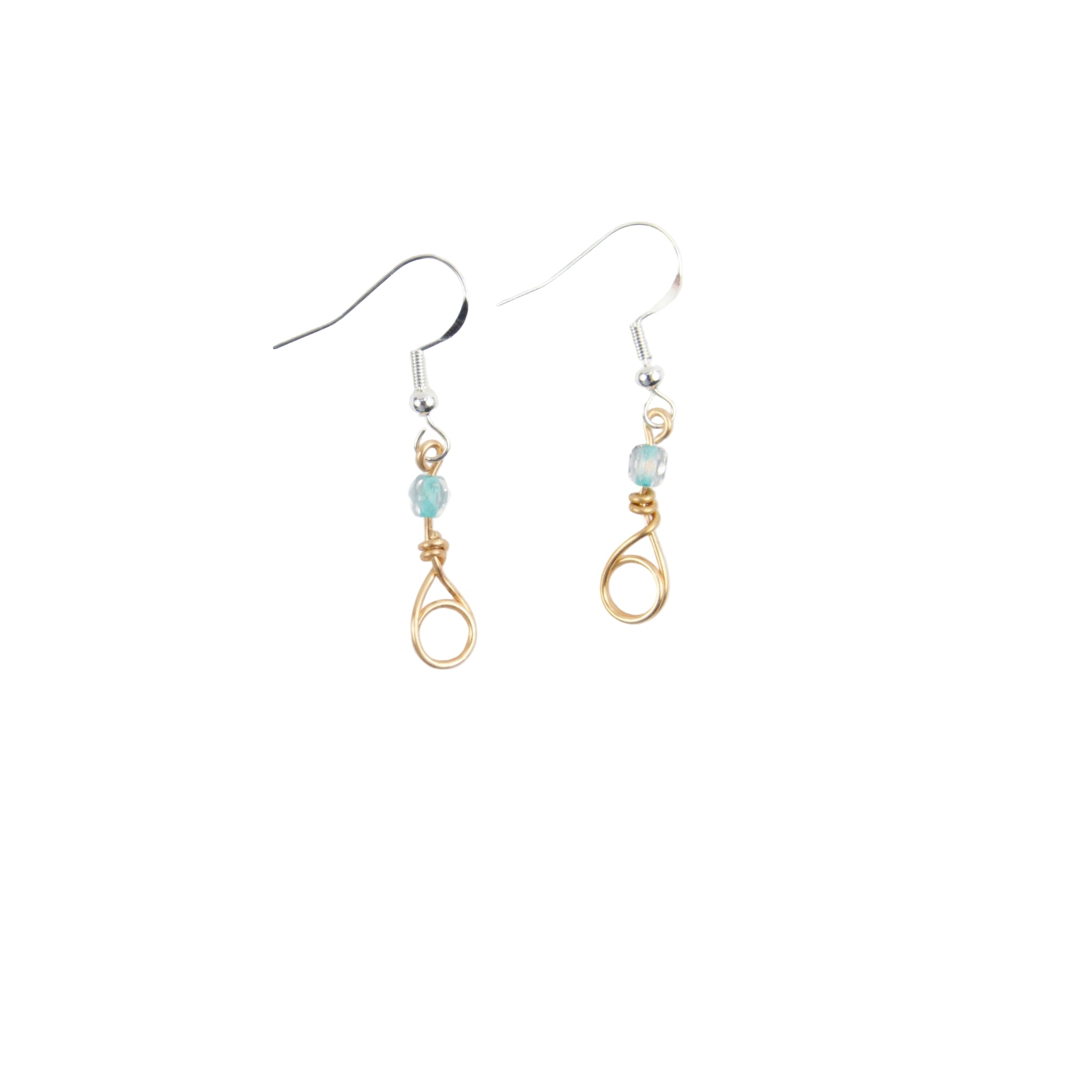 Drop copper earrings with aqua bead