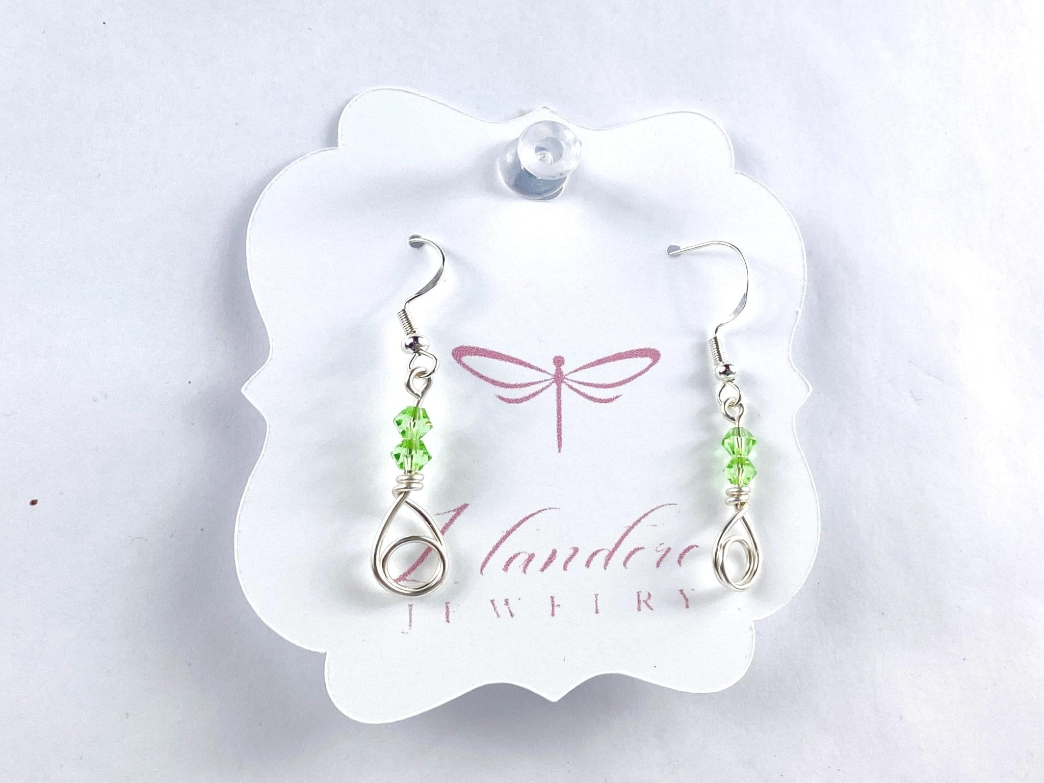 Green Crystal Bead Drop Earrings Handmade Sterling Silver Coated - Llandere Jewelry