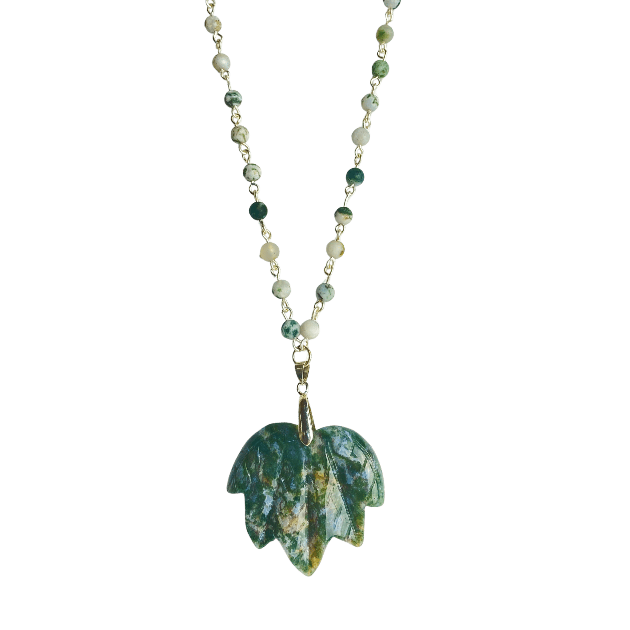Green Jasper Maple Leaf Necklace with Tree Agate Beads - Llandere Jewelry
