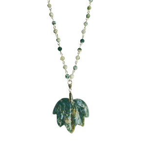 Green Jasper Maple Leaf Necklace with Tree Agate Beads - Llandere Jewelry