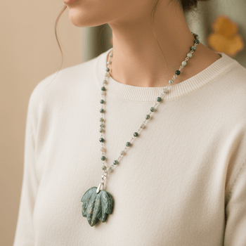 Green Jasper Maple Leaf Necklace with Tree Agate Beads - Llandere Jewelry