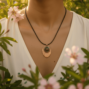 Green Rose Agate Fan Copper Pendant Necklace - Llandere Jewelry