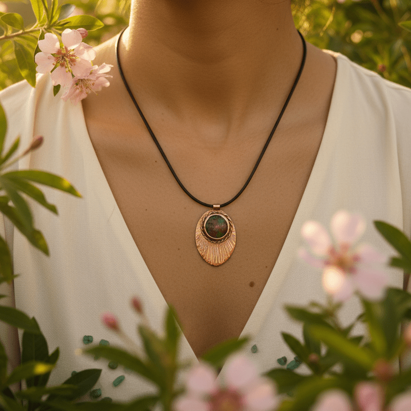 Green Rose Agate Fan Copper Pendant Necklace - Llandere Jewelry