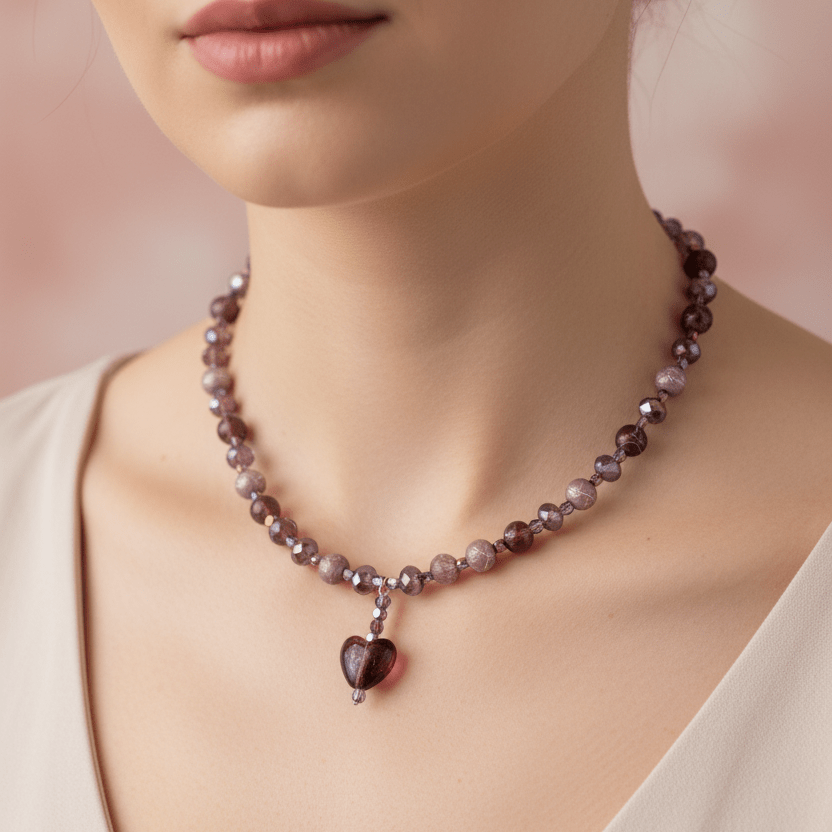 Heart pendant beaded necklace with Czech and lampwork bead - Llandere Jewelry