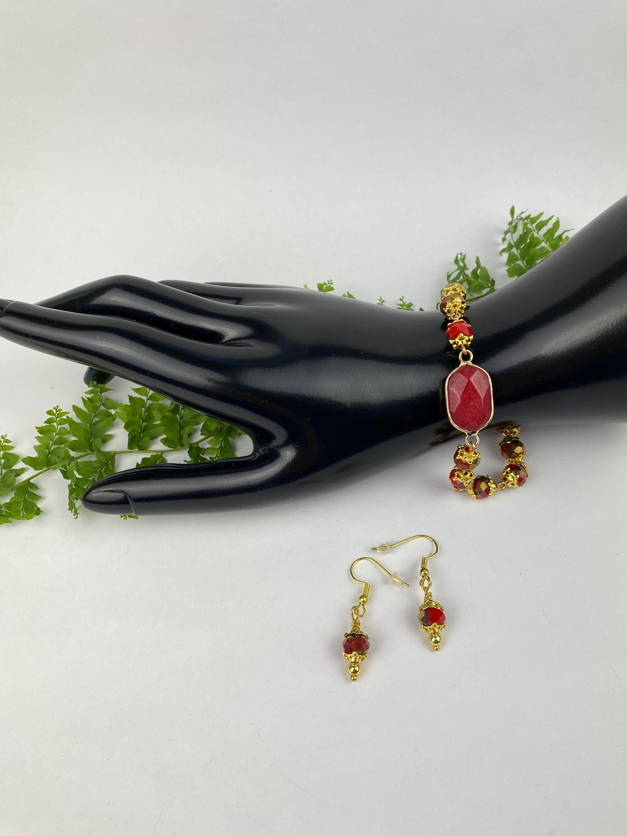 Red Bracelet and Earring Set Red Dyed Dolomite Marble Link Set