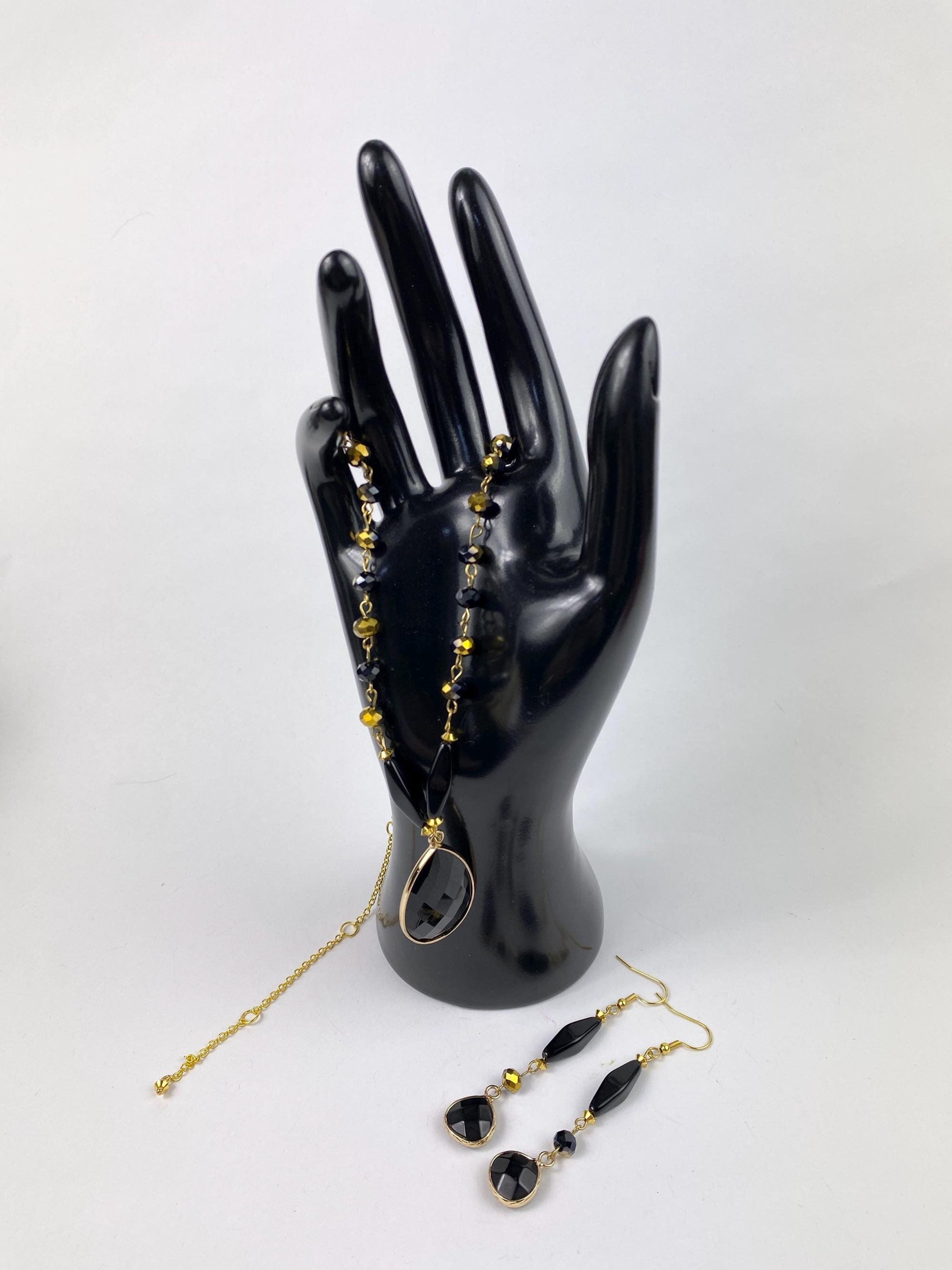Black onyx Czech bead necklace and earring set 14K