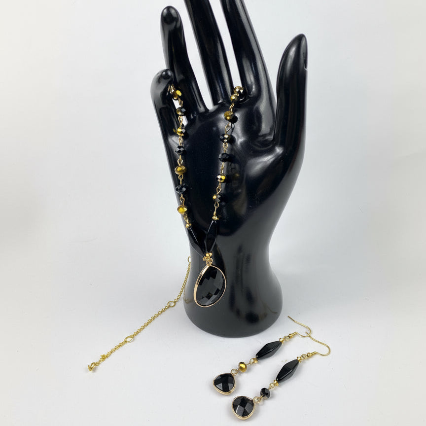 Black onyx Czech bead necklace and earring set 14K