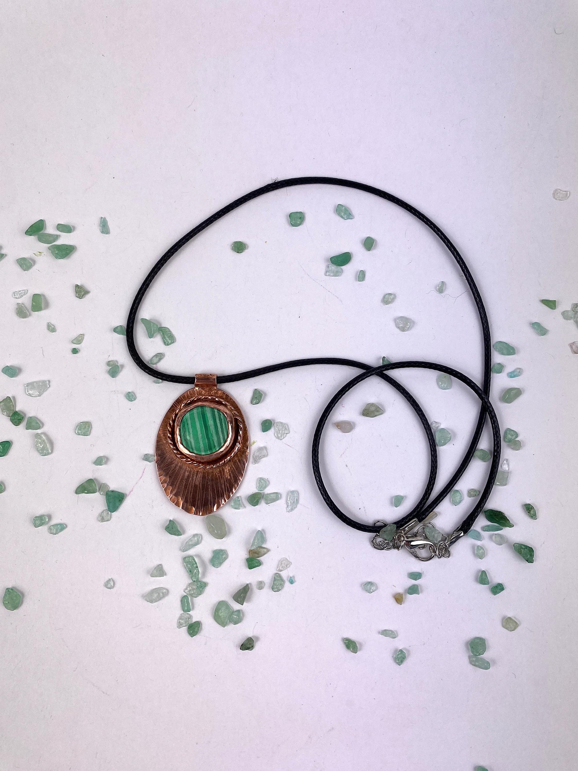 Copper fan necklace green striped agate necklace