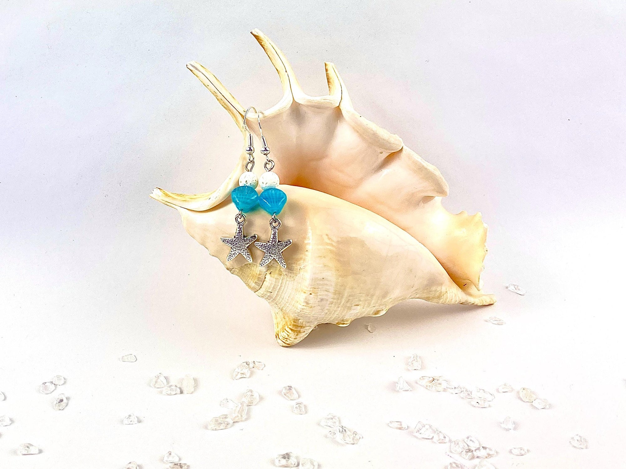 Beach Bracelet: Blue, White Beads, Starfish Charms