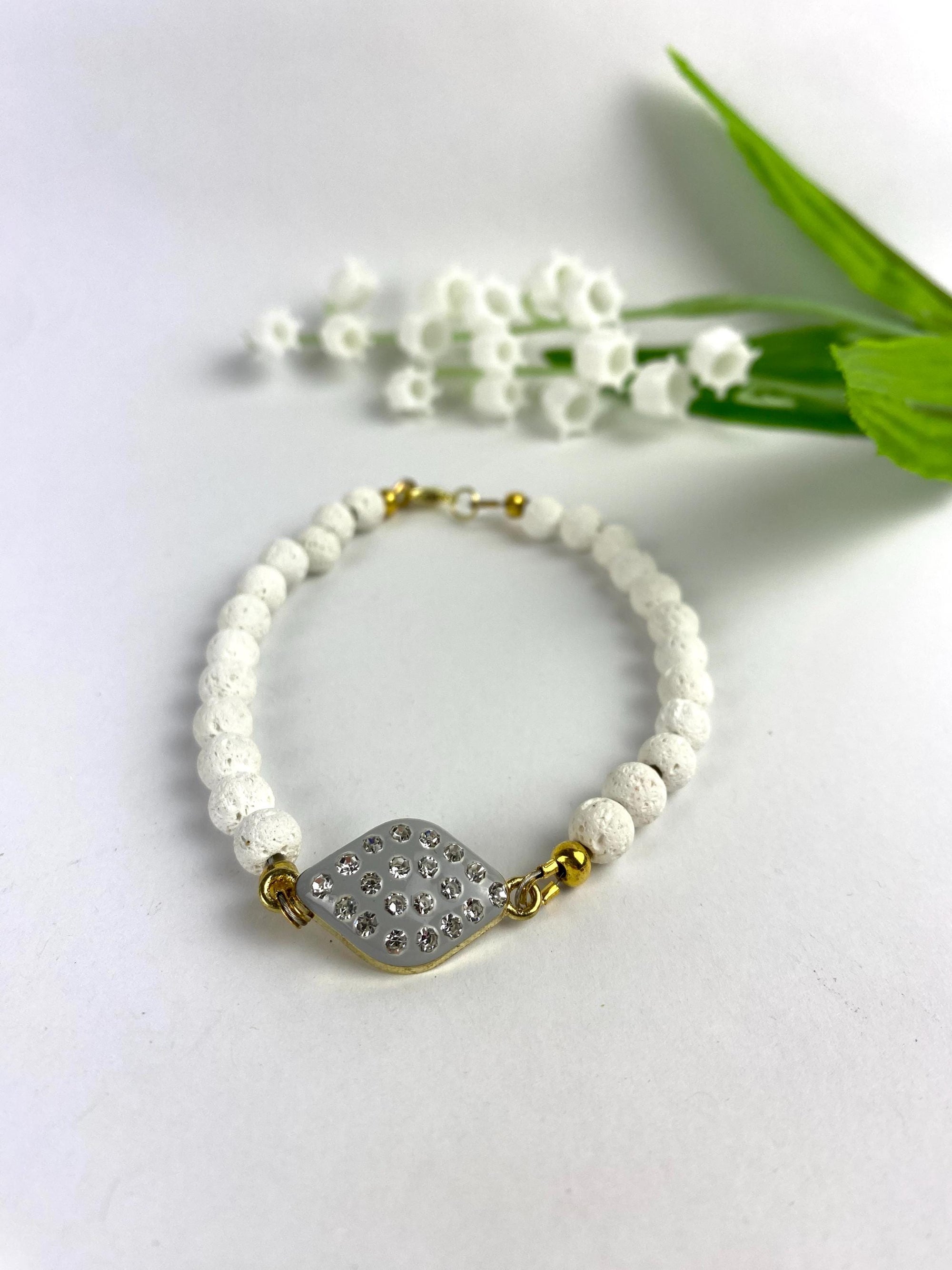 Rhinestone and Volcanic Rock Bracelet - Sparkle & Strength in Unique Handmade Jewelry