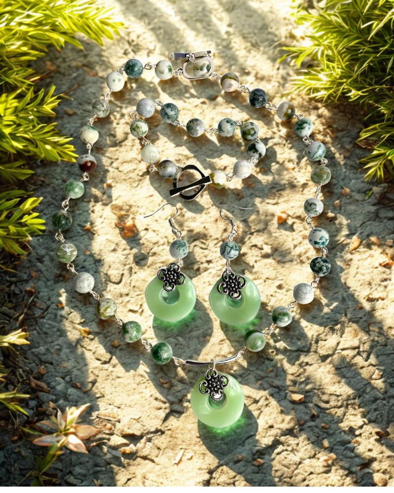Jade colour Asian-inspired natural tree agate necklace set